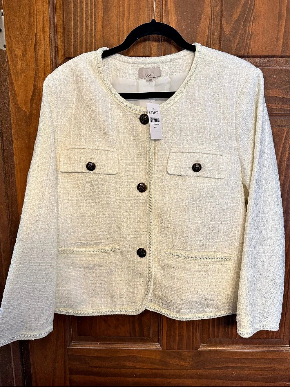NWT LOFT Ivory Tweed Collarless Jacket XXL Gold Buttons